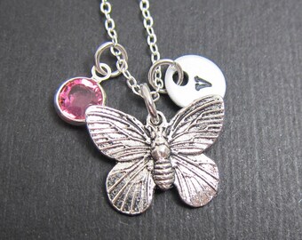 Collar de plata con mariposa - Inicial personalizada, piedra natal de cristal Swarovski personalizada