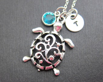 Turtle Filigree Necklace - Personalized Initial Name, Customized Swarovski crystal birthstone