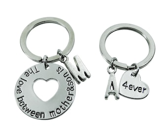The love between mother and son is forever Matching Keychain Set - Personalized Initial Key Ring, Crystal birthstone