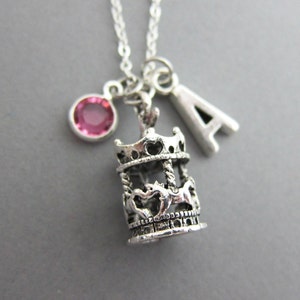 Carousel Necklace - Personalized Handstamp Initial Name, Customized Swarovski crystal birthstone