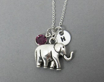 Elephant Necklace - Handstamped initial personalized name, Customized Swarovski crystal birthstone
