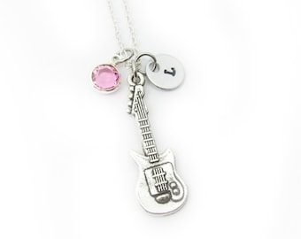 Electric Guitar Necklace - Guitar necklace, Handstamped Initial, Personalized Name, Customized crystal birthstone