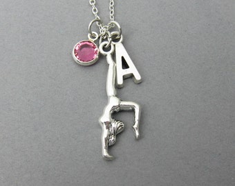 Gymnast Necklace - Yoga, Gymnastics, Personalized Initial Name, Customized birthstone