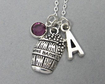 Collar de barril de vino - collar para amantes del vino, bebidas alcohólicas, inicial personalizada, piedra de nacimiento personalizada