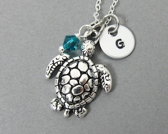 Sea Turtle Necklace - Personalized Initial Name, Customized Swarovski bicone crystal birthstone