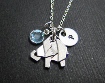 Origami Elephant Necklace - Personalized Baby Bird Initial Name, Customized Swarovski crystal birthstone