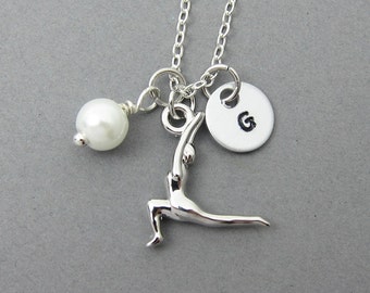 Yoga Necklace - warrior I pose, Personalized Initial Name, Customized Swarovski crystal birthstone