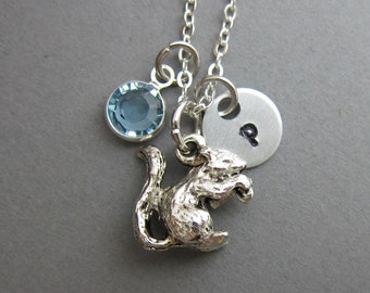 Baby Squirrel Necklace - Handstamped initial personalized name, Customized Swarovski crystal birthstone