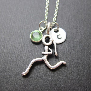 Runner Necklace - Girl running stick figure, Personalized Initial Name, Customized birthstone