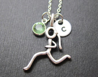 Runner Necklace - Girl running stick figure, Personalized Initial Name, Customized birthstone