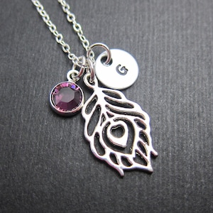 Peacock Feather Necklace - Personalized Initial Name, Customized Swarovski crystal birthstone