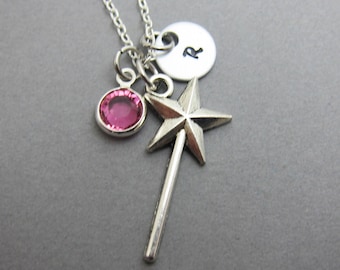 Magic Wand Necklace - Personalized Initial Name, Customized Swarovski crystal birthstone