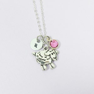 Sheep Necklace - Personalized little sheep, lamb with Handstamped intial and Birthstone
