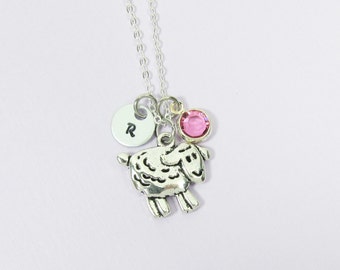 Sheep Necklace - Personalized little sheep, lamb with Handstamped intial and Birthstone