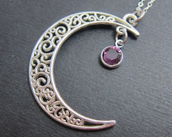 Crescent Moon Necklace - Personalized Initial Name, Customized Swarovski crystal birthstone