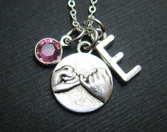 BFF Pinky Promise Necklace - Custom friendship necklace, Best Friends, Couples, Personalized Initial Name, Swarovski crystal