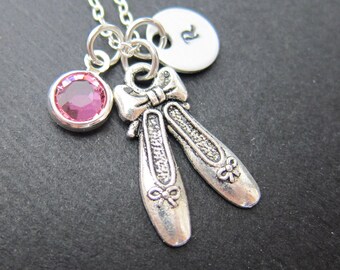 Ballerina Dancer Shoes Necklace - Personalized Initial Name, Customized Swarovski crystal birthstone