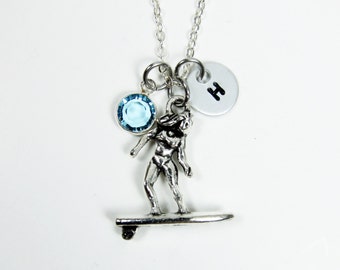 Collar de surfista - Playa y océano, inicial personalizada, piedra de nacimiento personalizada