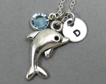 Baby Dolphin Necklace - Personalized Initial Name, Customized Swarovski crystal channel birthstone