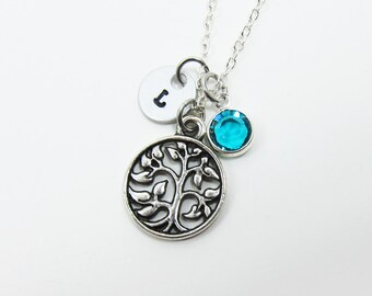 Collar de filigrana de árbol antiguo: nombre inicial personalizado, piedra de nacimiento de cristal de Swarovski personalizada