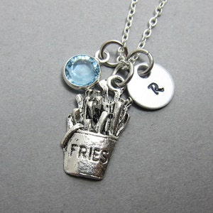 French Fries Necklace - Handstamped Initial, Personalized Name, Customized Swarovski crystal birthstone