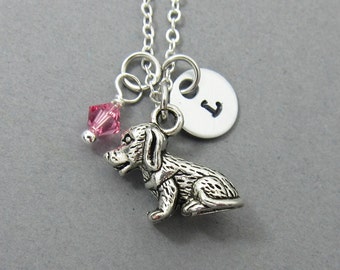 Puppy Dog Necklace - Personalized Handstamp Initial Name, Customized Swarovski crystal birthstone