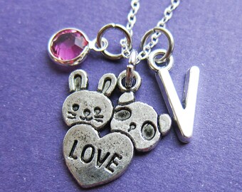 Rabbit Panda LOVE Necklace - Custom Best Friend Necklace, Personalized Initial Name, Swarovski crystal birthstone