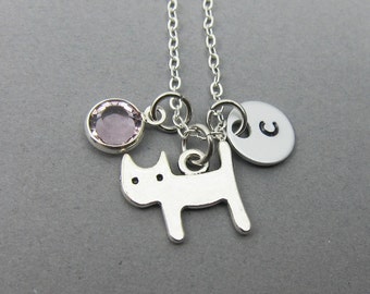 Little Cat Necklace - Kitten, Handstamped Initial, Customized birthstone, Personalized Name