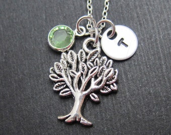 Tree Necklace - Personalized Initial Name, Customized Swarovski crystal birthstone