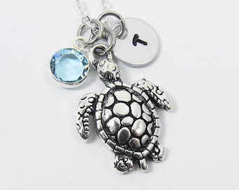 Sea Turtle Necklace - Personalized Initial Name, Customized Swarovski crystal channel birthstone