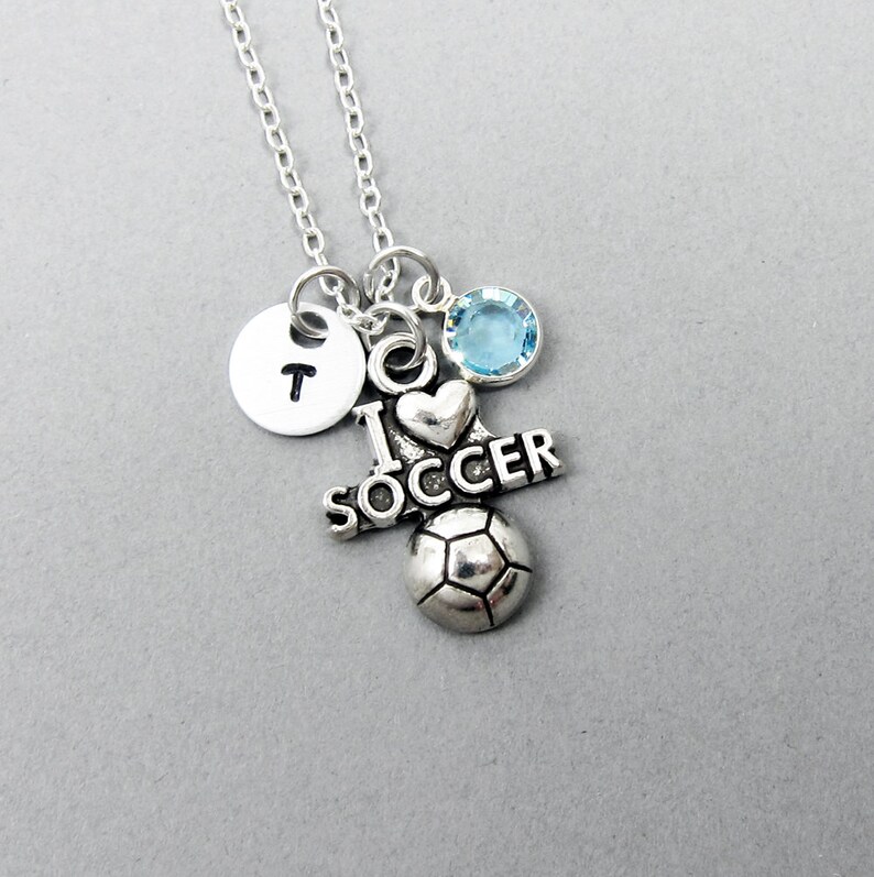 I Love Soccer Necklace Soccer, Football, Handstamped Initial, Customized Swarovski crystal birthstone image 1