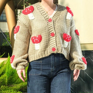 Mushroom Embroidered Cardigan Sweater, Cute Mushroom Chunky Green Sweater Cardigan, Fall Warm Womens Mushroom Fall Sweater Cardigan