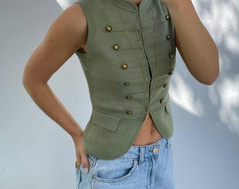 Olijfgroen militair hemdje, mouwloze top met knopen, gestructureerd vest in legerstijl, Y2K Fashion-vest