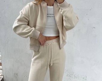 2-delige dameshoodie met hoge taille broek, 2-delig sweatshirt met wijde pijpen broek trainingspak, comfortabele 2-delige loungekledingset, gezellige 2-delige set