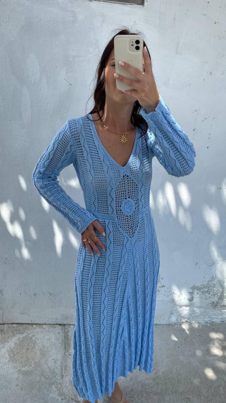 blue knit beach dress Sheer Crochet Knitted Long Swimsuit Cover Ups Maxi Beach Dress – sunifty main image 1