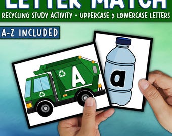May include: Educational letter match activity cards featuring a green recycling truck with an uppercase A and a plastic water bottle with a lowercase a. The text reads LETTER MATCH, RECYCLING STUDY ACTIVITY, UPPERCASE & LOWERCASE LETTERS, A-Z INCLUDED, HANDS-ON LITERACY, PRESCHOOL, PRE-K, & KINDERGARTEN.