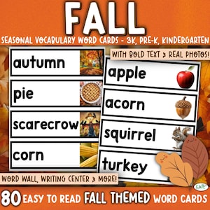 Tarjetas de vocabulario de otoño: Muro de palabras con fotos reales, imprimible para preescolar (descarga digital)
