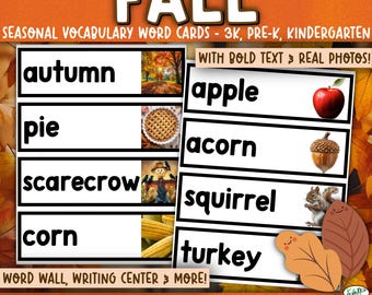 Fall Vocabulary Cards: Real Photo Word Wall, Preschool Printable (Digital Download)