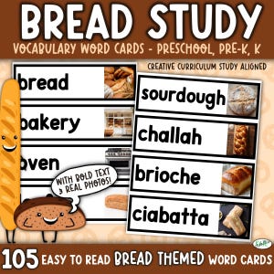 Könnte beinhalten: Lehrreiche Vokabelkarten zum Thema Brot für Vorschulkinder und Kinder im Vorschulalter. Die Karten zeigen Wörter wie "Brot", "Bäckerei" und "Ofen" mit echten Fotos und fettem Text. Das Bild enthält Cartoon-Brotfiguren und den Text "105 leicht lesbare Wortkarten zum Thema Brot."