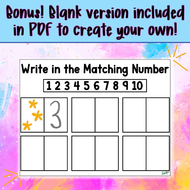 May include: A printable worksheet with a colourful background. The worksheet has a title that says "Write in the Matching Number".  There are numbers 1 through 10 listed at the top of the worksheet.  There are 10 boxes below the numbers.  The first box has three yellow stars and the number 3 written in it.  The remaining boxes are blank.