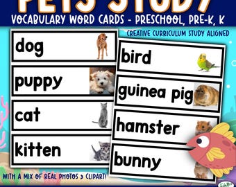 May include: Educational vocabulary word cards for preschool and pre-K children. The cards feature the words "dog", "puppy", "cat", "kitten", "bird", "guinea pig", "hamster", and "bunny" with corresponding photos and clipart. The text reads "PETS STUDY".