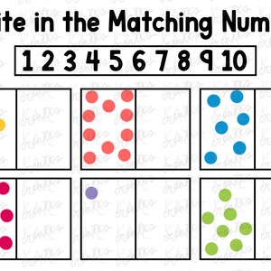 May include: A printable worksheet for children to practise counting and number recognition. The worksheet features a row of numbers 1 through 10 and six boxes with different coloured dots. Each box has a corresponding number of dots.