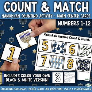 Peut inclure: Un ensemble d'activités mathématiques sur le thème de Hanoucca pour compter et associer, comprenant des cartes avec les chiffres 1 à 12, des menorahs, des cruches d'huile et des olives. Inclut une version couleur et une version noir et blanc.