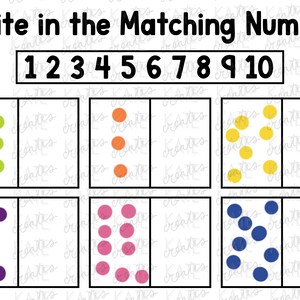 May include: A printable worksheet for children to practise counting and number recognition. The worksheet features a row of numbers 1 through 10 and six boxes with different coloured dots. Each box has a corresponding number that the child needs to write in the blank space.