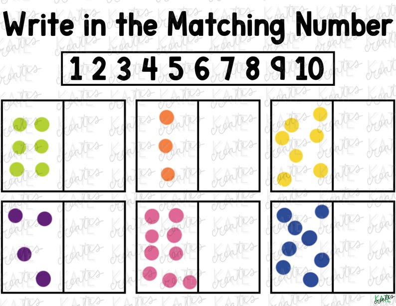 May include: A printable worksheet for children to practise counting and number recognition. The worksheet features a row of numbers 1 through 10 and six boxes with different coloured dots. Each box has a corresponding number that the child needs to write in the blank space.