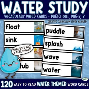 May include: Educational vocabulary word cards for preschool and pre-K children. The cards feature water-themed words like "float," "sink," and "puddle," with real photos and bold text. The set includes 120 easy-to-read cards.