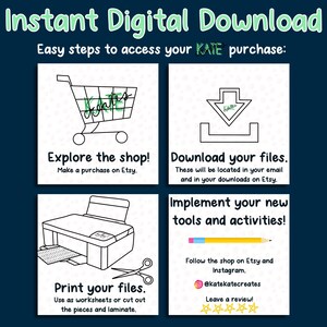 May include: A graphic with four illustrated steps for accessing digital downloads on Etsy. The steps are: Explore the shop, Download your files, Print your files, and Implement your new tools and activities. The graphic includes a shopping cart, a download arrow, a printer, and scissors.