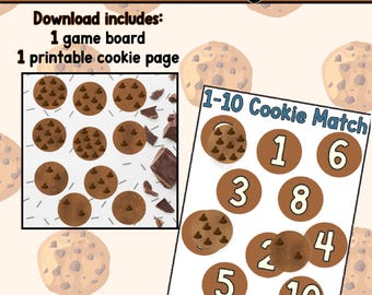 May include: A printable cookie matching game for children. The game includes a game board and a page of cookies with numbers 1-10. The cookies are brown with chocolate chips.