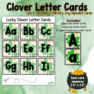 Cartões de alfabeto para impressão Lucky Four Leaf Clover PreK, jogos de identificação de letras ELA, cartões de letras A-Z, maiúsculas e minúsculas