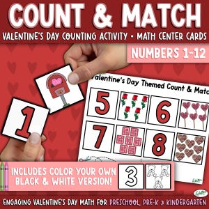 May include: A Valentine's Day themed count and match maths activity set featuring cards with numbers 1-12, illustrations of roses, hearts, and mailboxes, and text including COUNT & MATCH, VALENTINE'S DAY COUNTING ACTIVITY, and NUMBERS 1-12.
